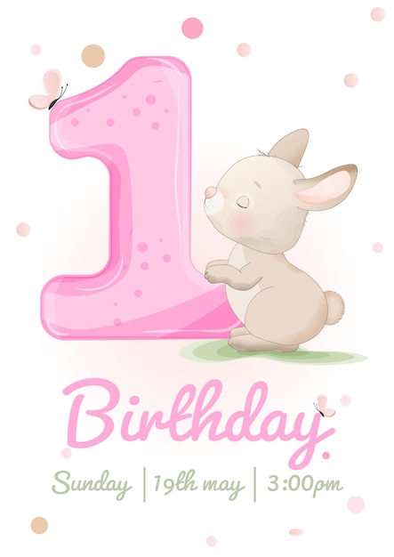 Happy birthday card for 1 year Invitation card with cute bunny Baby shower and kids birthday