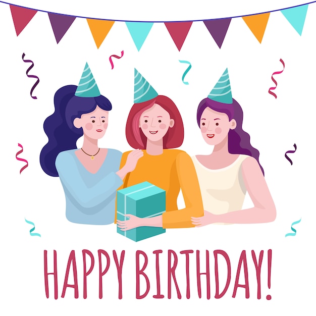 Happy birthday card concept. Young women celebrating birthday, congratulating friend.