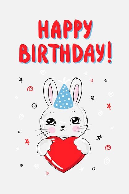 Happy Birthday card design with cute bunny with hearts Party and celebration elements Text Happy Birthday Vector illustration in flat design