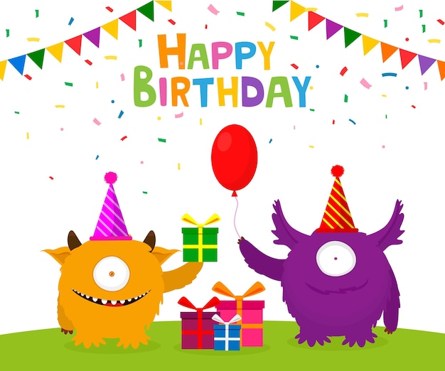 Happy Birthday Card Design With Two Cute Monsters Vector Illustration Flat Design