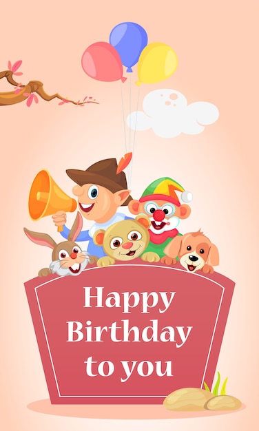 Happy birthday card illustration for kids with cute characters