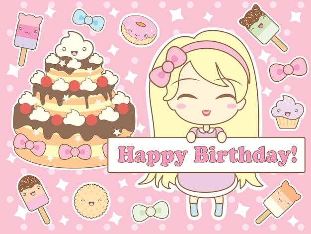 Happy birthday card in kawaii style