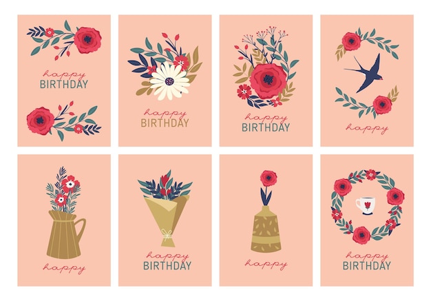 Happy birthday card set with illustrations of flower wreath, swallow, leaves, berries, bouquet, vase