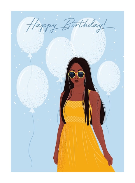 Vector happy birthday card vector cute illustration of african american woman in yellow dress balloons