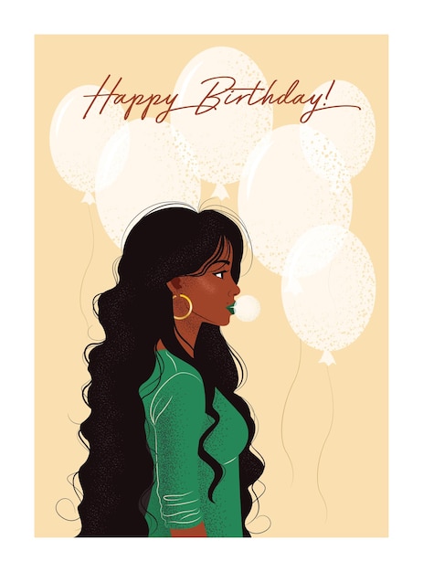 Vector happy birthday card vector cute illustration of a woman in green dress with long curly hair and gum