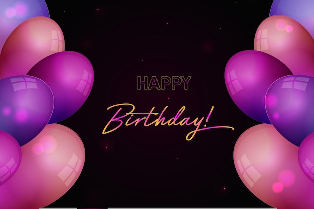 happy birthday card with balloons dark shiny background