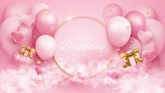 Happy birthday card with balloons and gold ribbon, gift box, heart-shape and cloud element. 3D realistic luxury style on pink background. Vector illustration for design.