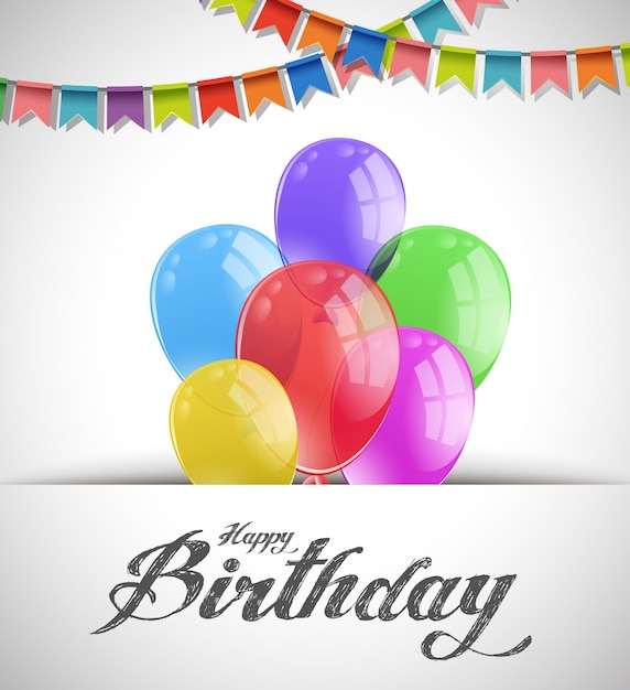 Happy birthday card with colorful balloons and flags