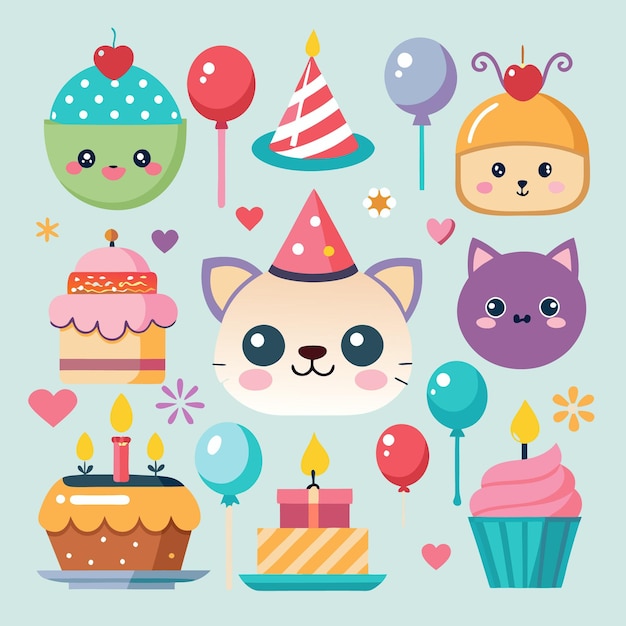 Happy birthday card with cute cartoon cakes balloons and a cat in a party hat