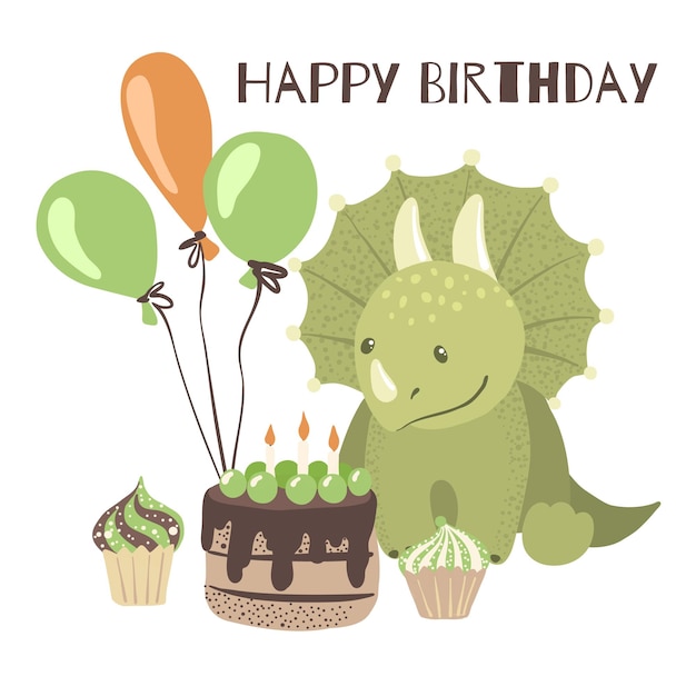 Happy birthday card with cute cartoon dinosaur