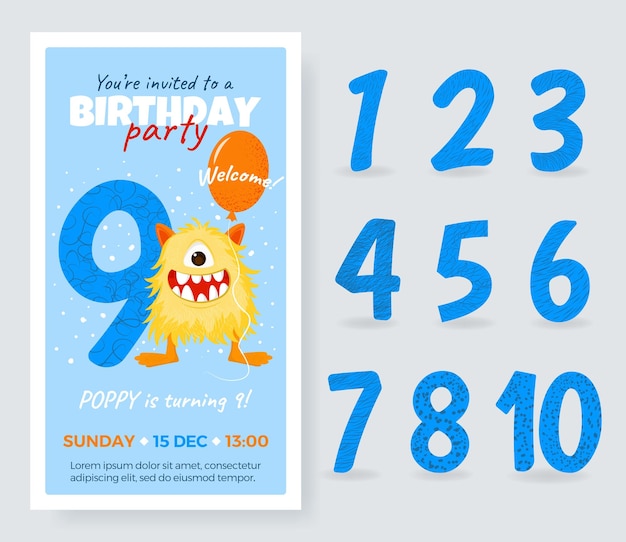 Happy Birthday card with cute cartoon monster number and balloon Birthday Anniversary Numbers