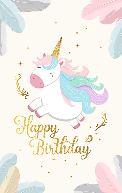 Happy birthday card with cute unicorn and golden lettering Gentle unicorn Birthday greeting card