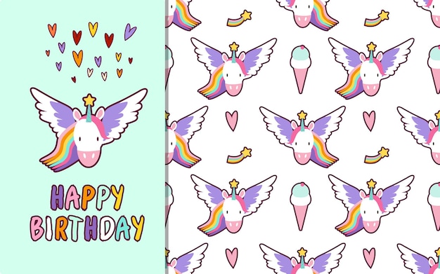 Happy birthday card with cute unicorn icon and pattern colorful design vector illustration EPS