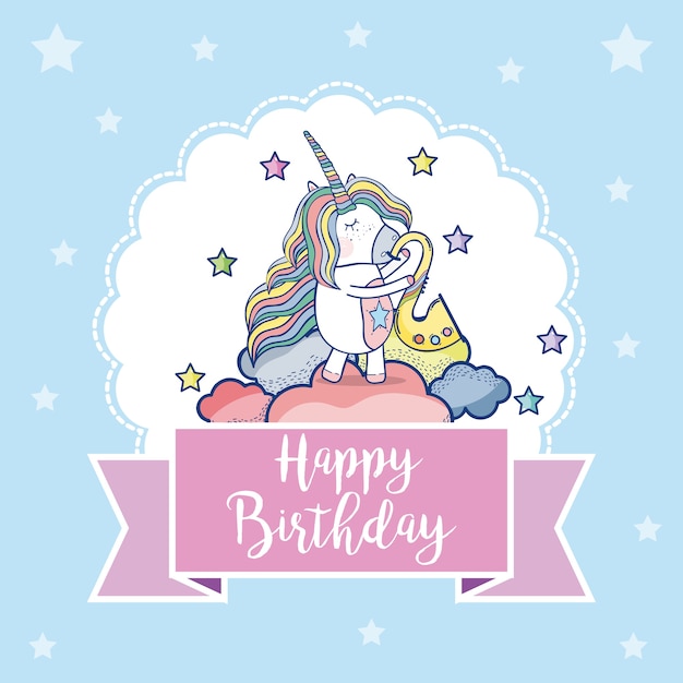 Happy birthday card with cute unicorns fantasy cartoons 