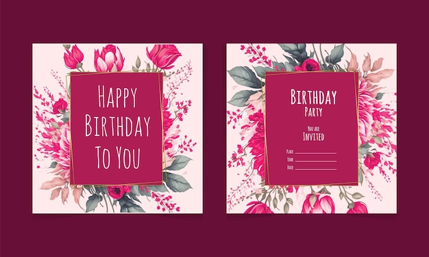 Happy birthday card with floral in watercolor style set