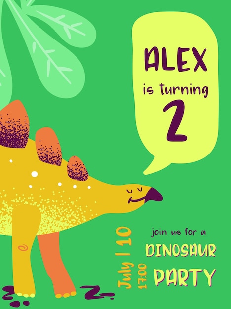 Vector happy birthday card with fun dinosaur, dino arrival announcement, greetings in vector illustration