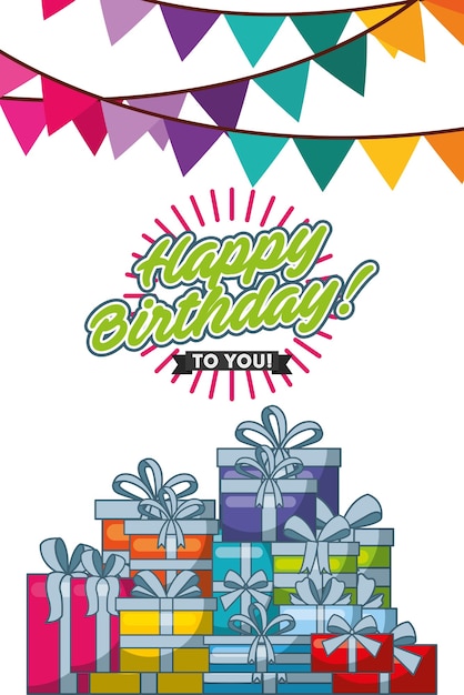 Happy birthday card with garlands and gifts scene vector illustration design