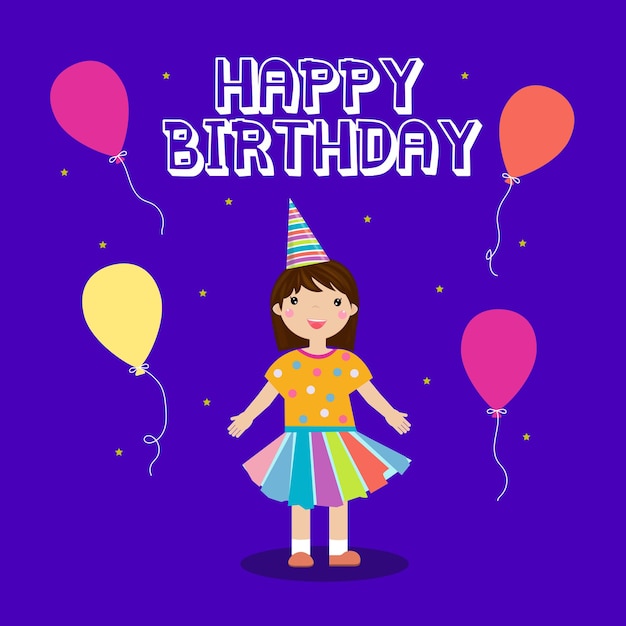 Happy birthday card with a girl and balloons