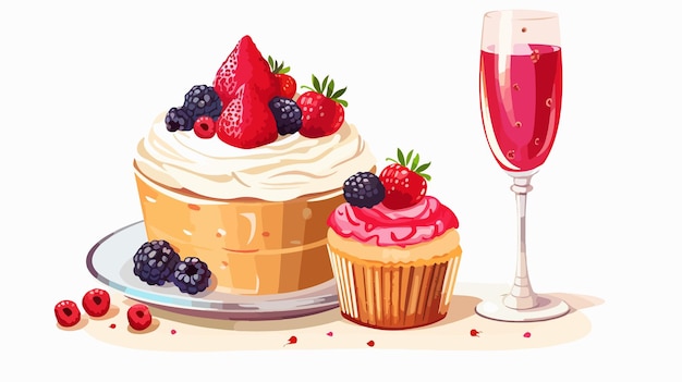 Vector happy birthday card with muffin cake and glass of juice