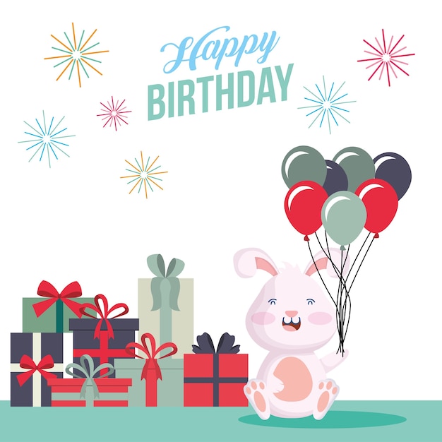 Happy birthday card with rabbit and gifts party scene vector illustration design