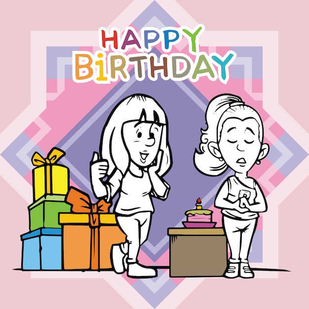 Happy birthday card with two girl cartoon character