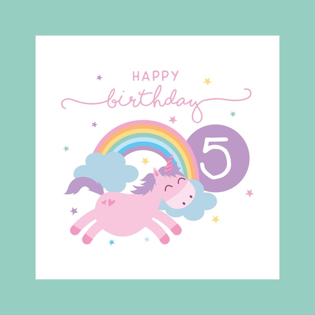 Happy birthday card with unicorn cartoon. vector illustration