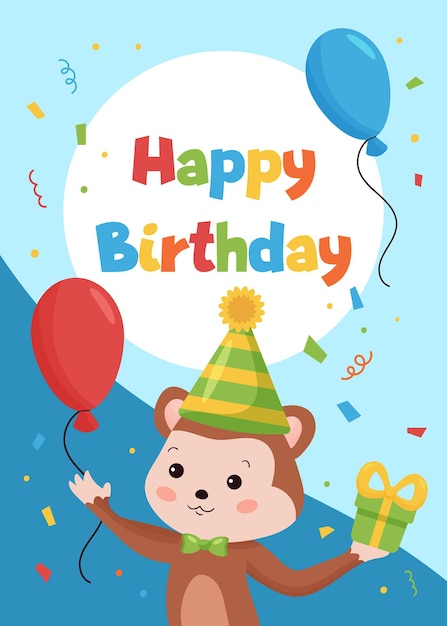 Happy Birthday cards template for postcards and invitations. Funny cartoon monkey with balloons and gifts.