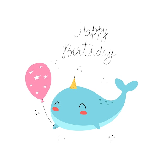 Happy birthday cartoon whale hand drawing lettering