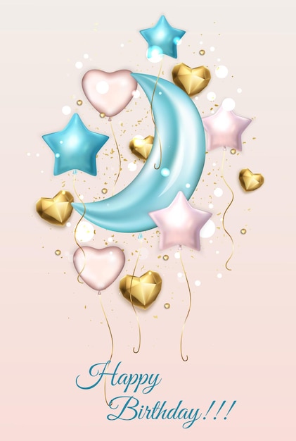 Happy Birthday celebration design Colorful balloons stars moon heart on color background Design for card template greeting card poster or banner Vector illustration