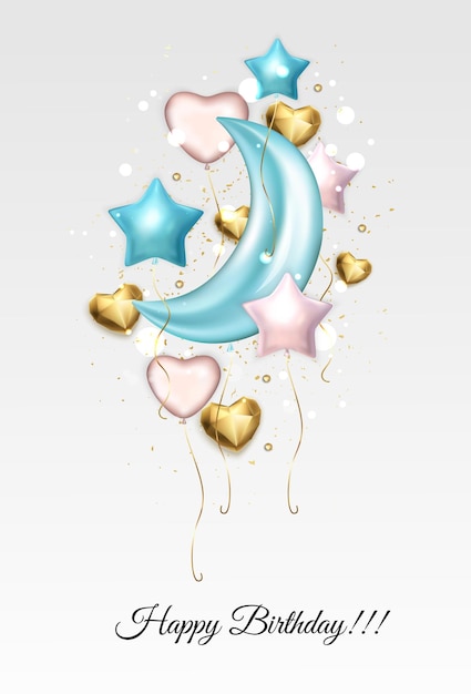 Happy Birthday celebration design Colorful balloons stars moon heart on color background Design for card template greeting card poster or banner Vector illustration