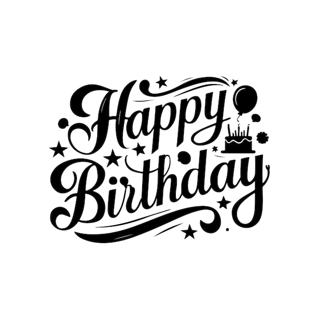 Happy Birthday Celebration Vector Handwritten Text with Festive Elements on White Background