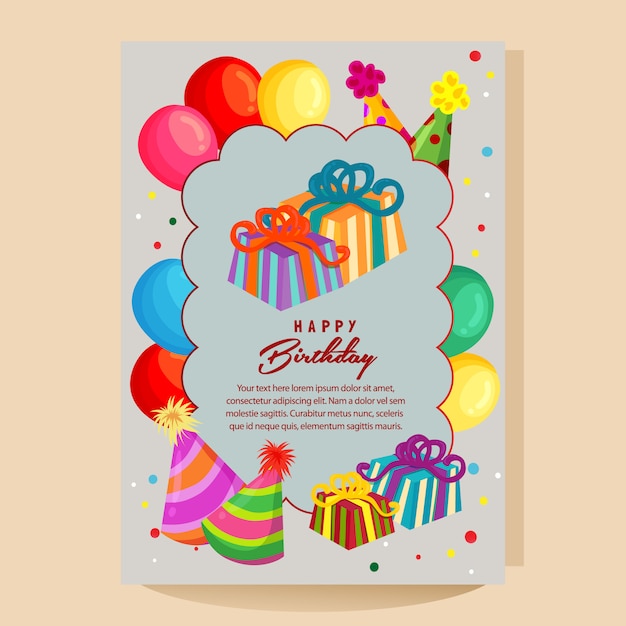 Happy birthday colorful card with balloon party hat