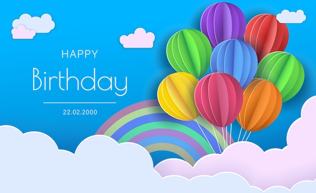 Happy Birthday concept. Balloons in clouds. Paper and craft art