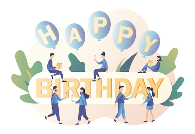 Happy birthday concept Tiny people celebrate birthday Modern flat cartoon style Vector illustration on white background