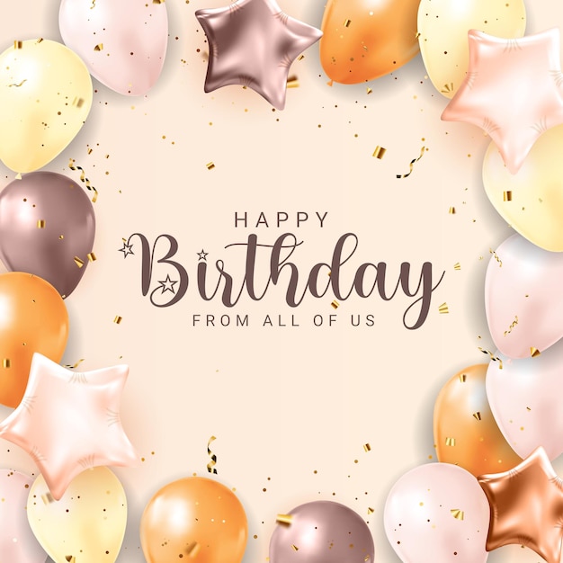 Happy Birthday congratulations banner design with Confetti, Balloons and Glossy Glitter Ribbon for Party Holiday Background. Vector Illustration