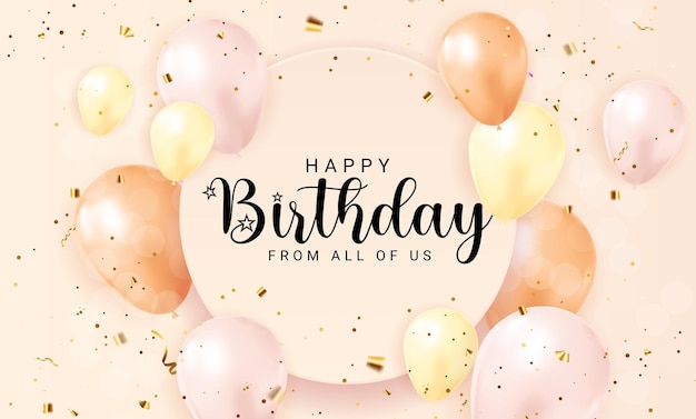 Happy Birthday congratulations banner design with Confetti, Balloons and Glossy Glitter Ribbon for Party Holiday Background. Vector Illustration