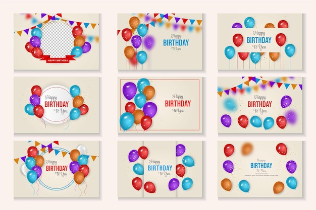 Vector happy birthday congratulations banner set design with color balloons and glossy glitter ribbon