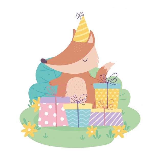 Happy birthday, cute fox with party hat and gift boxes, celebration decoration cartoon