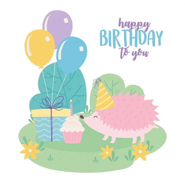 Happy birthday, cute hedgehog with gift cupcake and balloons celebration decoration cartoon