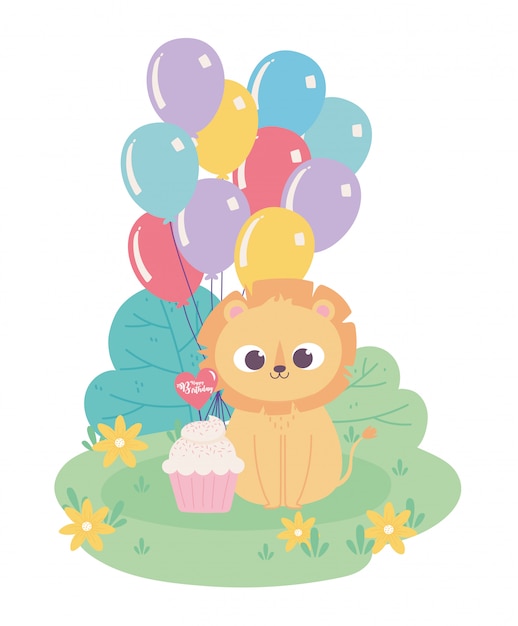 Happy birthday, cute little lion with party hat balloons and cupcake celebration decoration cartoon