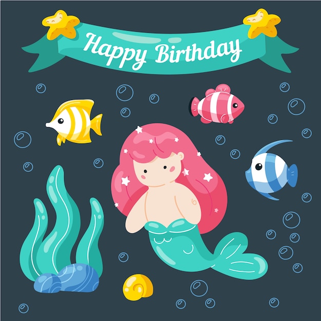 Happy Birthday. Cute little mermaid and marine life birthday card template.