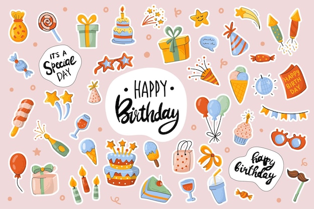 Happy Birthday cute stickers template scrapbooking elements set