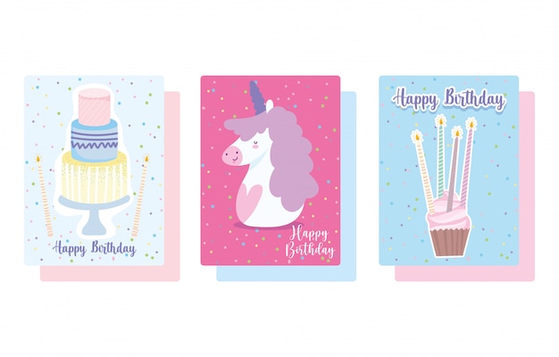 Happy birthday, cute unicorn cupcake and cake with candles cartoon celebration decoration card