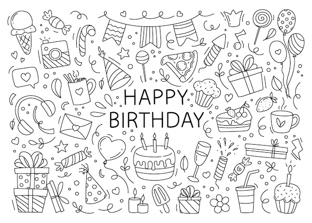 Happy birthday doodle set Hand drawn vector illustration isolated on white background