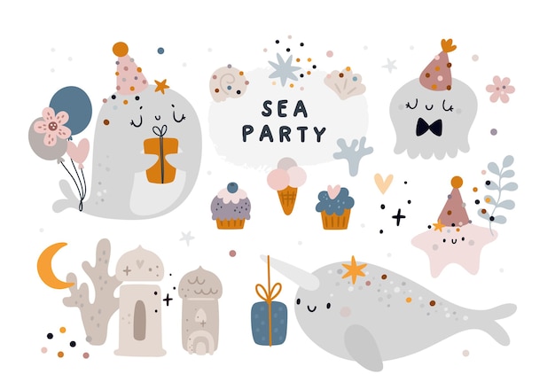 Happy birthday festive animals whale, narwal, jellyfish. Sea creatures