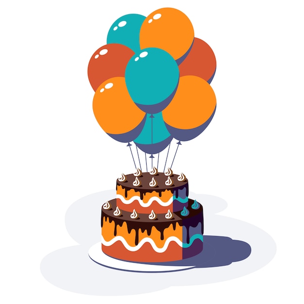 Happy Birthday festive background. Colorful balloons and cake isolated on white background. illustration.