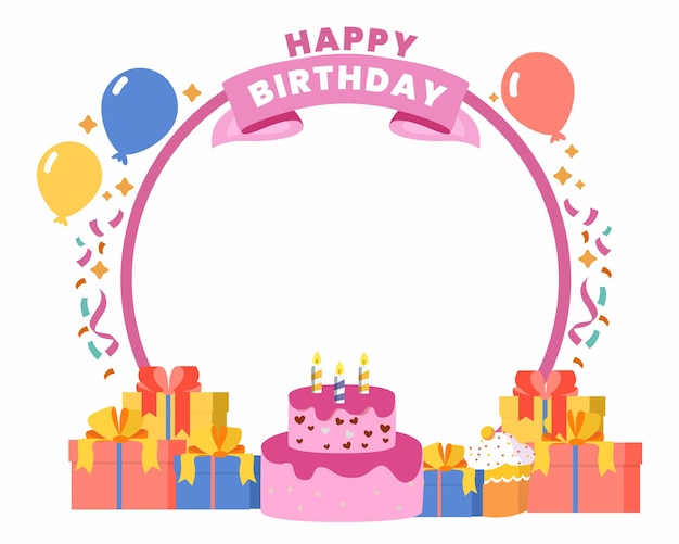 happy birthday frame design with birthday cake, balloons, gifts and glossy glitter ribbon.