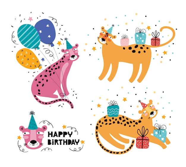 Happy birthday funny leopard or Jaguar. Jungle animal party. Wild animal character on holiday. Festive decoration, gifts, cap, balloon. Hand drawn  illustration with greeting typography. Doodle