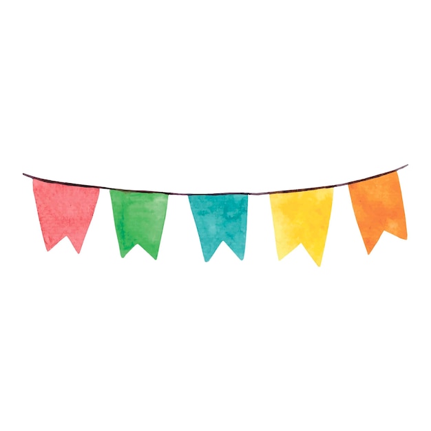 Happy birthday garland and flags Colored watercolor decoration