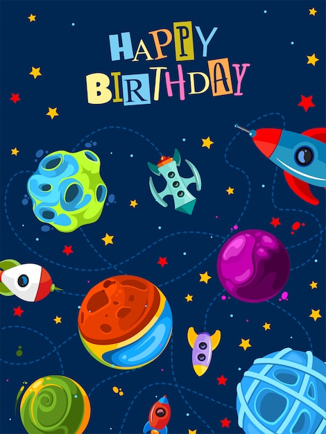 Happy birthday gift card with cute planets and rockets